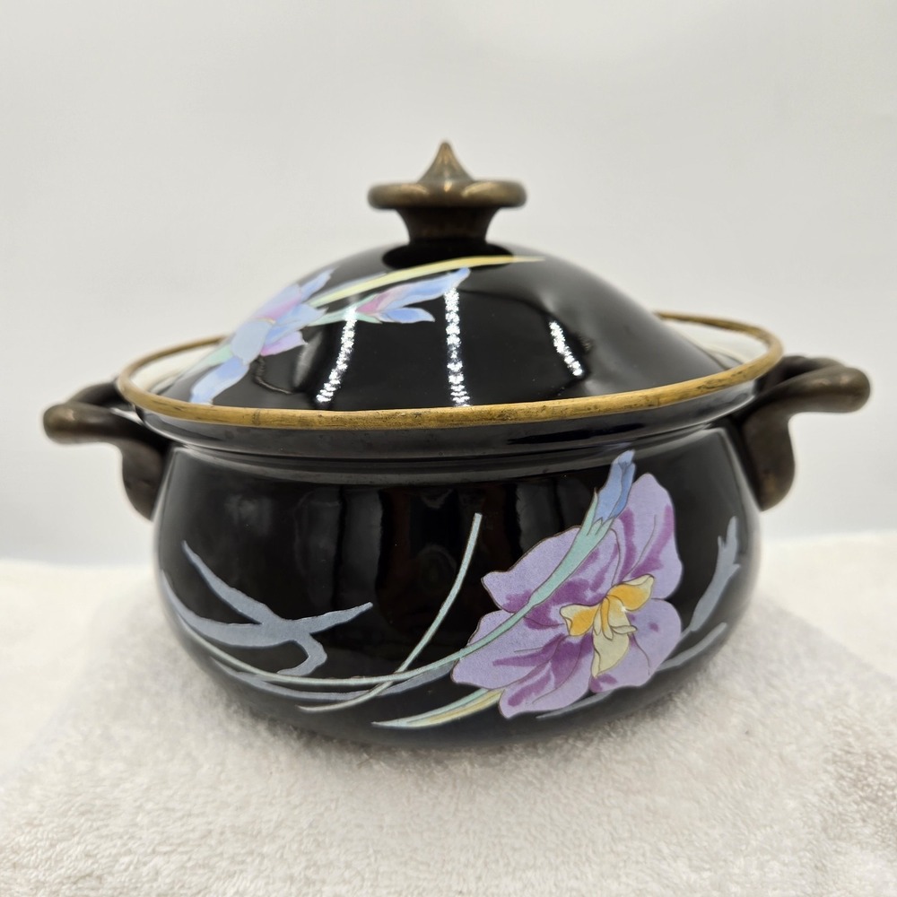 Vtg Mikasa Grande Chef UN710 Charisma Black Enamel Pot Cookware Iris Floral